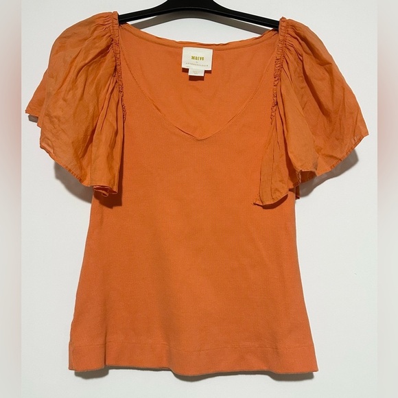 Anthropologie Maeve Flutter-Sleeved orange ribbed Top Small - Picture 3 of 5